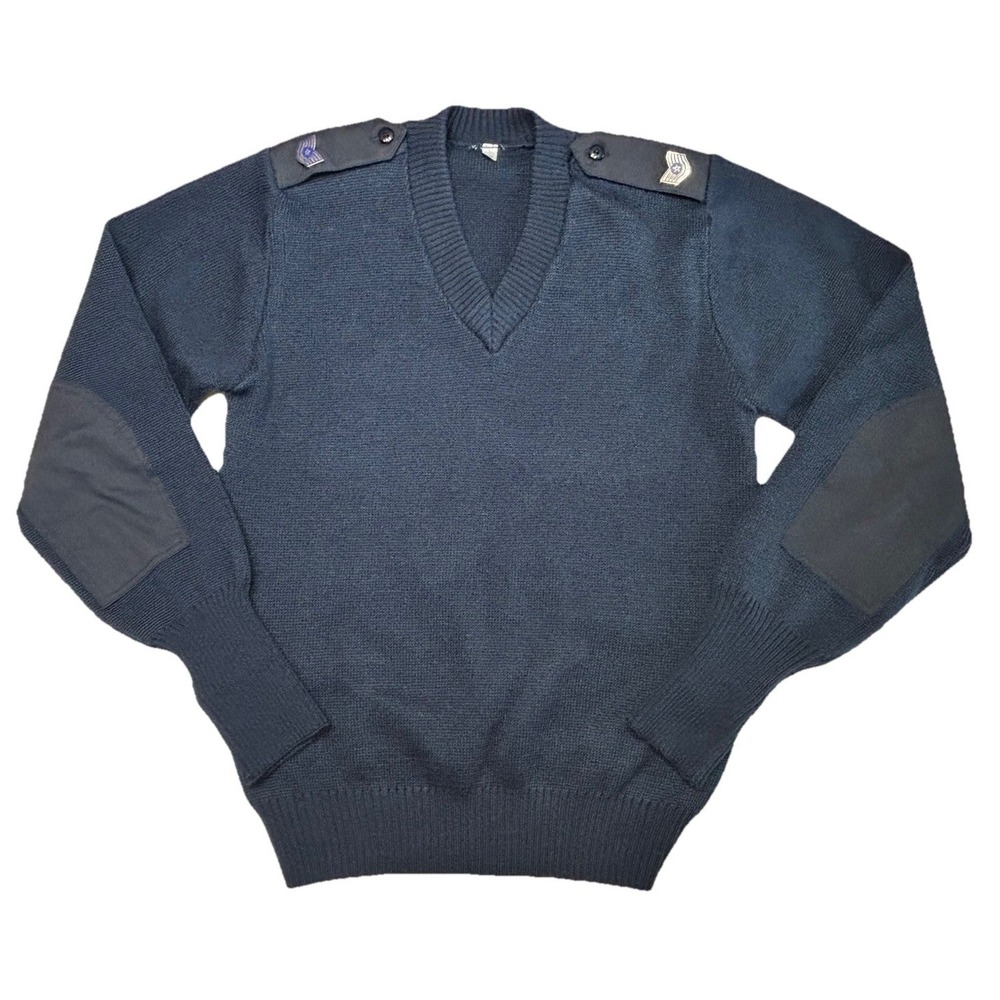 Vintage RAF Royal Air Force Sweater 40R Blue Wool V Neck Epaulets Military